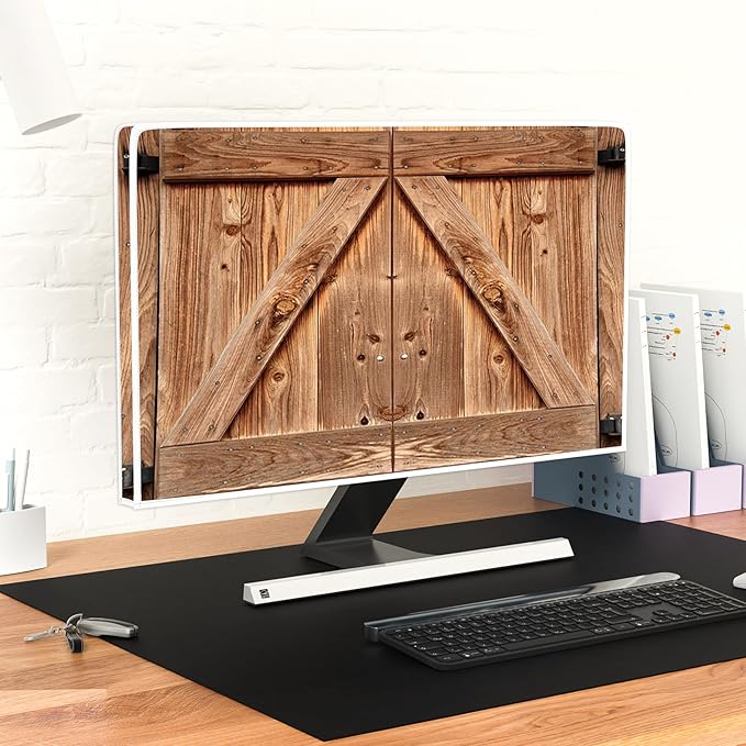 Vintage Wooden Gate Computer Monitor Dust Cover 26, 27, 28 Inch Barn Farmhouse Anti-Static LCD-Silky HD Panel Dust Protective Sleeve Compatible with iMac 26-28 Inch PC,Desktop and TV