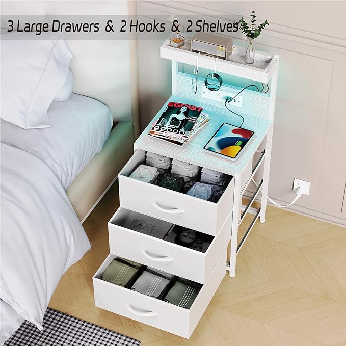 Night Stand with Charging Station Set of 2, LED Nightstand Bedside Table with USB Ports and Outlets, 3 Fabric Drawer End Side Table Night Stand Set 2 for Bedroom with Storage Shelf and 2 Hooks, White