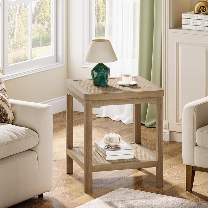 Eclatara End Table Set of 2, Farmhouse Square Nightstand with 2 Tier Boho Rattan Shelves, Protective Round Edge, Ultra-Thick Stable Legs Side Tables for Bedroom, Caramel Oak