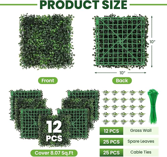Grass Wall 12 Pack 10"x10" Artificial Boxwood Hedge Wall Panels, Privacy Hedge Screen Faux Boxwood for Outdoor,Indoor,Garden,Fence,Backyard,Greenery Walls