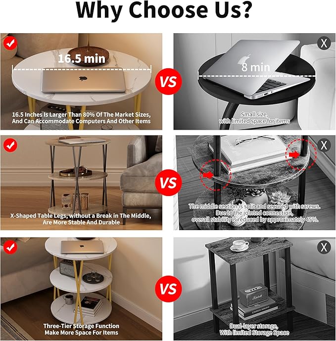 23 Inch Round Side Table 3-Tier End Table Living Room Small Patio Table Nightstands Round Coffee Table Spacious Top for Couch Bedroom 3 Storage Shelves Accent Coffee Table, Marble White