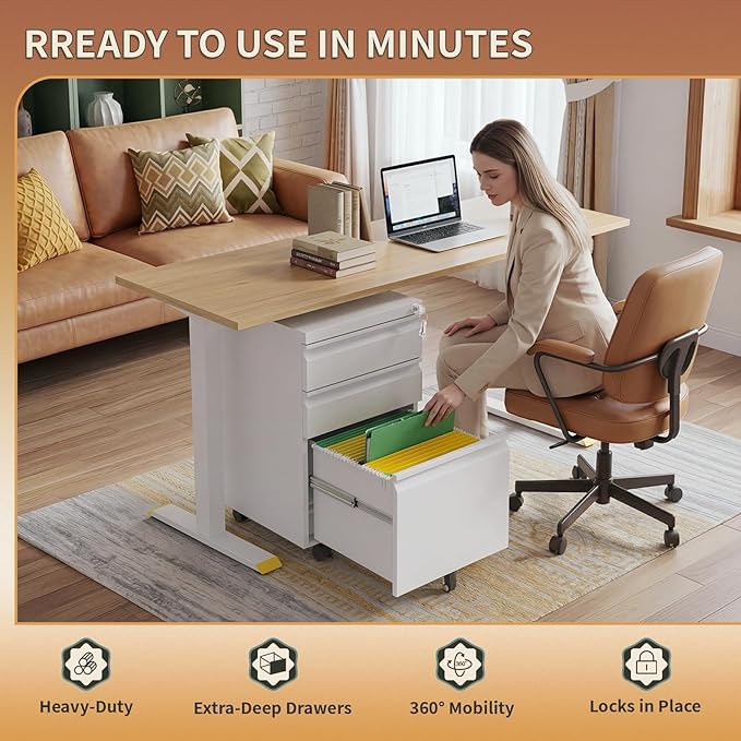 3 Drawer Metal File Cabinet with Lock and Wheels, Mobile Under Desk Filing Cabinet for Home Office, Lockable Organizer for Letter/Legal/A4, Rolling Storage Cabinet for Office & Study,White