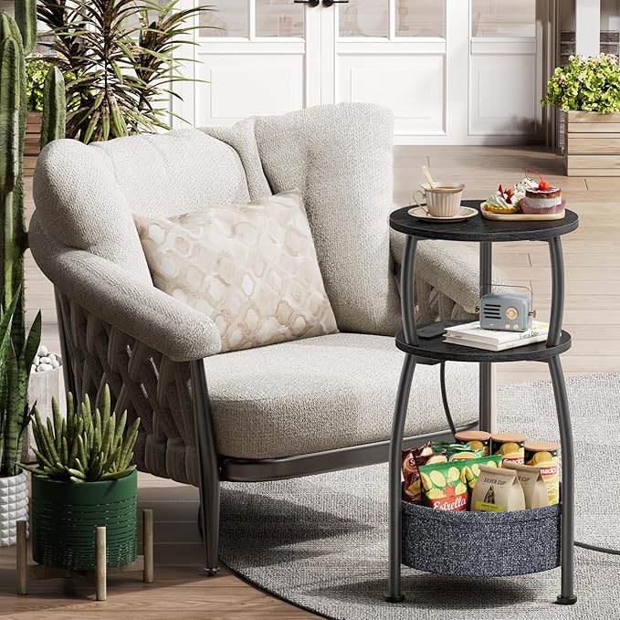 Round Side Table with Power Outlets, Small Coffee Table with S Basket, Space Saving End Table 3-Tier Bedside Corner Table Stand for Living Room, Bedroom, Garden 11.8in Classic Black
