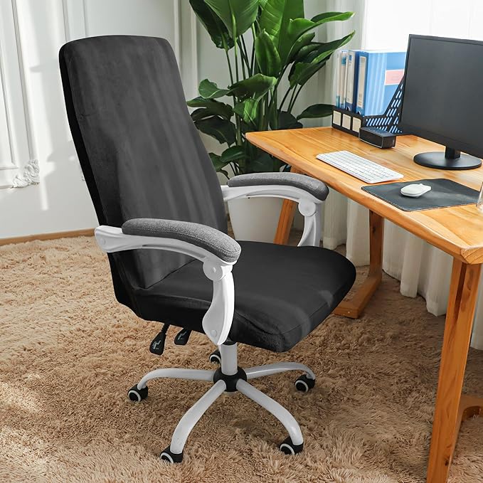 FORCHEER XL Velvet Office Chair Cover with Arms Black Stretch Executive High Back Computer Chair Slipcover 1 Piece Washable Removable
