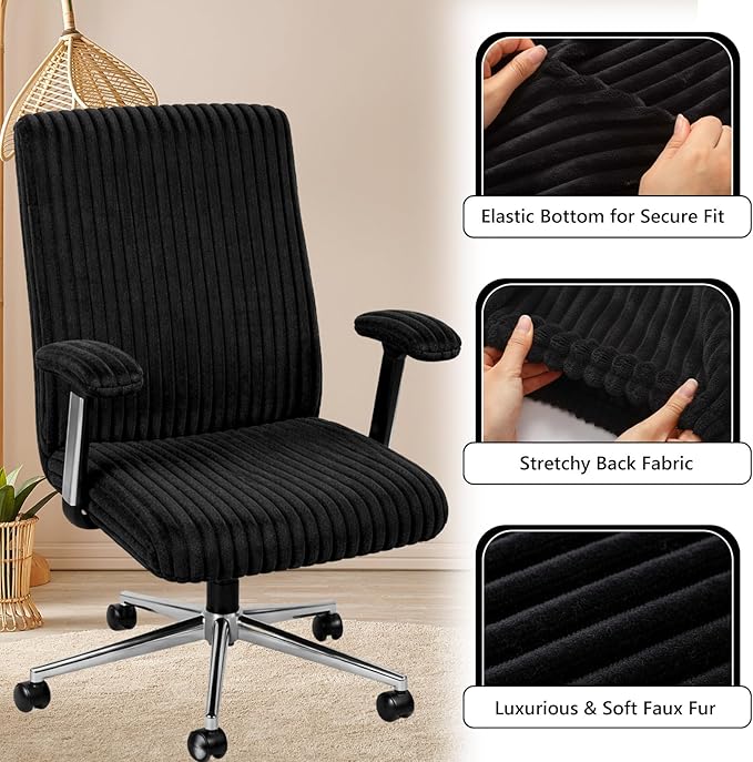Tegeme Set of 4 Faux Fur Office Chair Covers Set with Armrest Covers, Computer Universal Stretchable Chair Seat Protector Washable Jacquard Computer Seat Slipcovers for Home Office (Black)