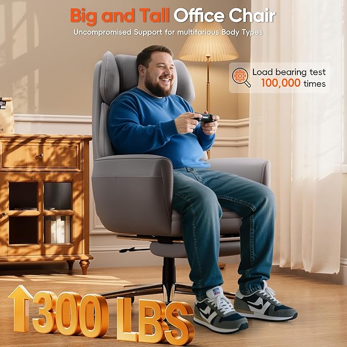GABRYLLY Criss Cross Chair with Footrest, Big and Tall Office Chair - Wide Seat, Reversible Armrests, 120°Tilt, 400LBS Heavy-Duty Executive Leather Chair for Working, Gaming & Meditation, Grey