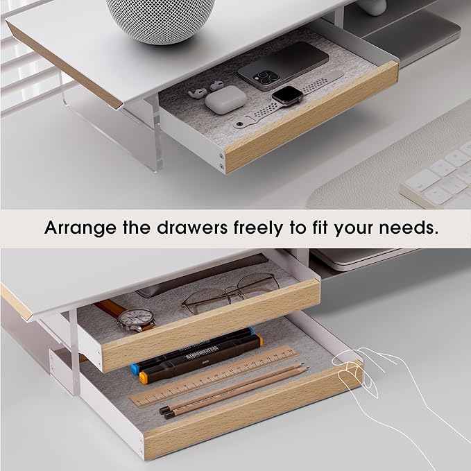 Fenge 42.5” Dual Monitor Stand with 2 Drawers, Metal Wood Monitor Riser with Acrylic Legs, 2-Tier Desktop Shelf Storage Organizer for Computer, Laptop, Printer, TV, White