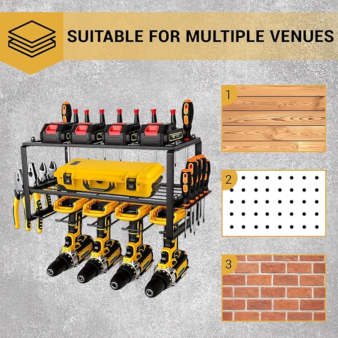 Power Tool Organizer, Small Iron Storage Rack, 3 Layer Metal Wall Mount Shelf Cordless Drill Hanger Storage Rack,Battery Tools Holder,for Garage Organization,Workshop,Pegboard 18x8.2x7.8 Inches