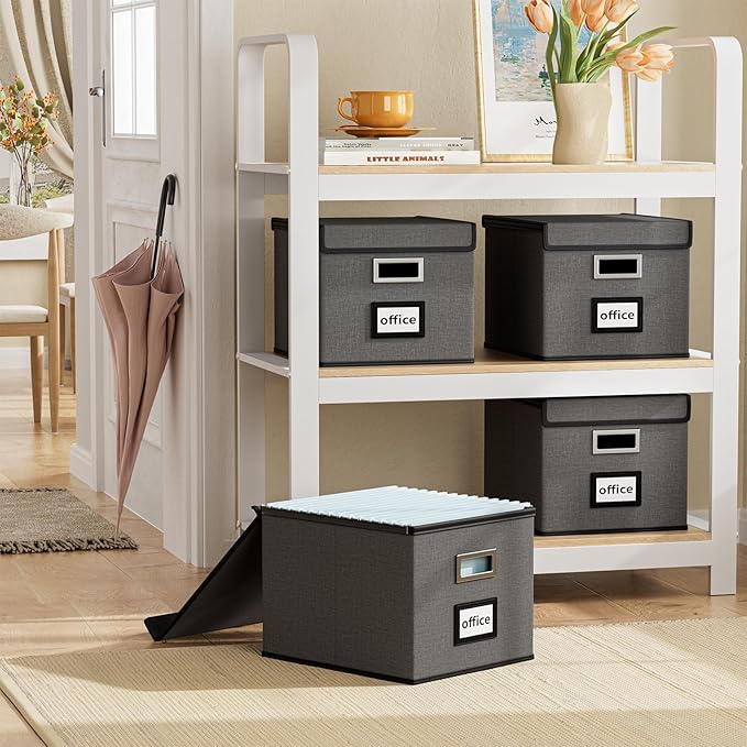 File Organizer Box with Lid, Collapsible File Folder Organizer for Office Document Storage, Filing Box with Plastic Slide for Letter/Legal Size Hanging Files, Dark Grey