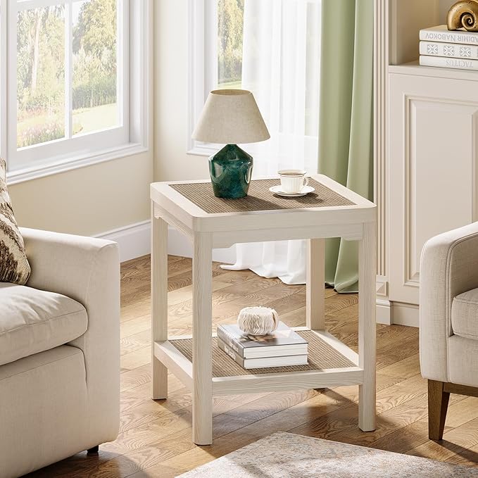 Eclatara Rattan End Table, Farmhouse Square Nightstand for Bedroom, Accent Side Table wtih Protective Round Edge and Ultra-Thick Stable Legs, Creamy White