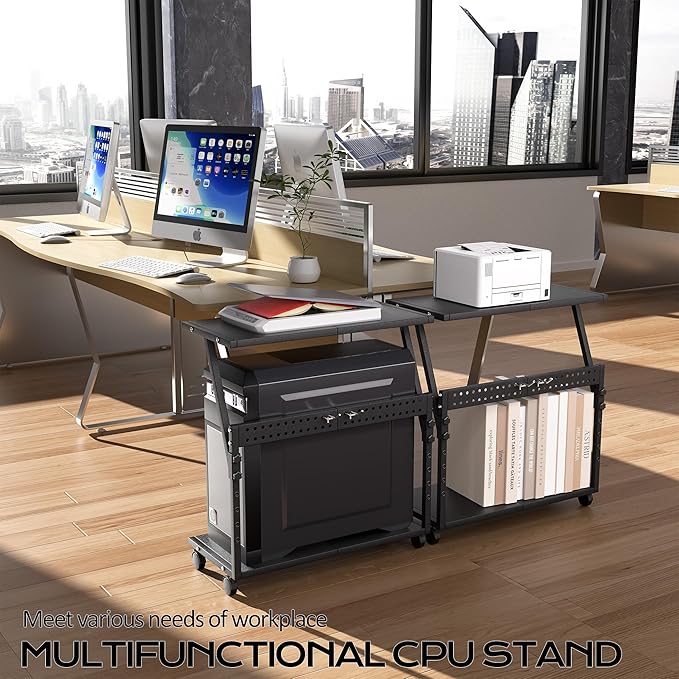 24In Large PC Stand, 5 Levels Height Adjustable Computer Tower Stand with Wheels and Hooks, CPU Holder Cart for Floor, Carpet and Under Desk, Easy Assembly（NOT Including Power Strips）