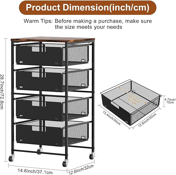EasyPAG Rolling Storage Cart with 4 Drawers, Under Desk File Cabinet on Lockable Wheels, Moviable Hanging File Folder Organizer with Wooden Printer Stand for Home Office