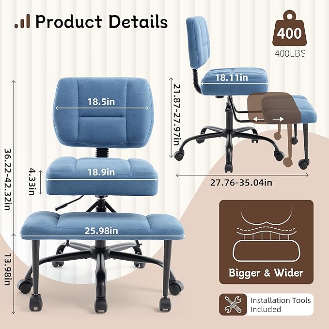 Ergonomic Criss Cross Legged Office Chair, ADHD Chair, 360° Swivel Meditation Kneeling Chair with Wheels, Adjustable Footrest, Bigger & Wider Height Adjustable Seat, Strong Lumbar Support, Bluecloth