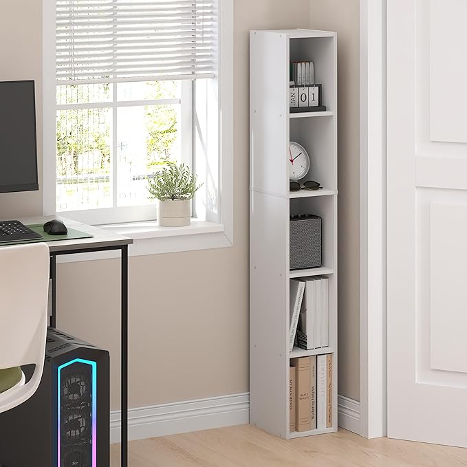 Furinno Fulda Book Shelf, 5-Tier Tall Narrow Bookshelf, Standing Bookcase with 8-in Width Storage Shelf, 9.3 x 7.9 x 51.9, for Organization Storage, for Living Room, Bedroom, Home Office, White