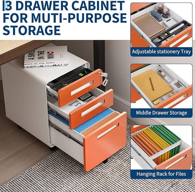 3 Drawer Mobile File Cabinet with Lock, Under Desk Metal Filing Cabinets with Wheels for Home Office Organizer Letters/Legal/A4, Fully Assembled