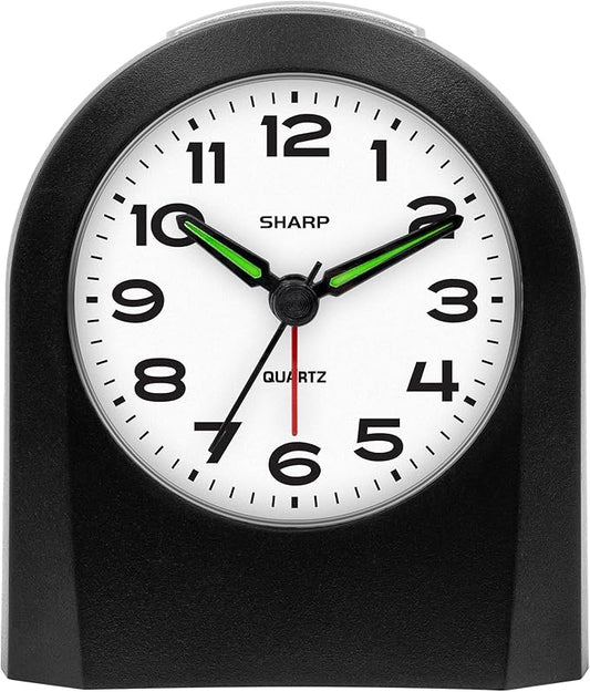 Sharp Small Battery Operated Analog Alarm Clock Silent No Ticking, Lighted on Demand and Snooze, Beep Sounds, Gentle Wake, Ascending Alarm, Black