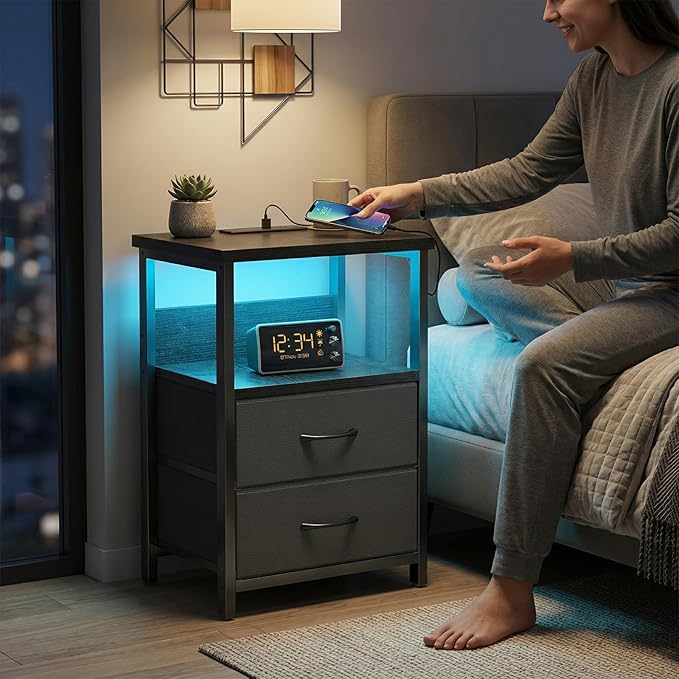 Fixwal Night Stand with Charging Station, LED Nightstand with U-S-B Ports and Outlets for Small Spaces, 2 Fabric Storage Drawers, Bedside Table End Tables Bedroom, Modern Black