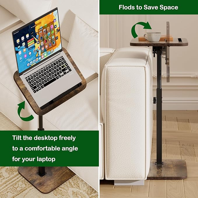 360° Swivel Sofa Side Table for Couch - Set of 2 - Adjustable Height Laptop Table for Work, TV Trays Table for Snacks Reading fits Bed Chair with Phone & Tablet Slot