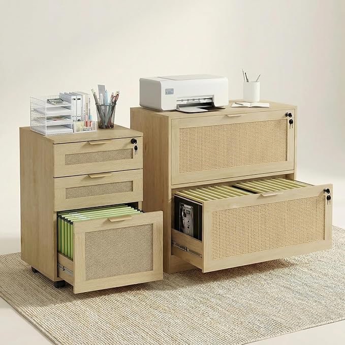 Lateral File Cabinets for Home Office, 3 Drawer Filing Cabinet with Lock, Rattan Filing Organization Storage Cabinets with Printer Stand for Hanging Files/Letter/Legal/A4/F4 Size, Natural Wood