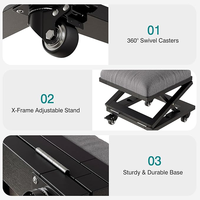 VECELO Foot Rest Under Desk at Work, Height Adjustable Rolling Foot Stool with Wheels, Cushioned Seat for Living Room, Bedroom, Home Office