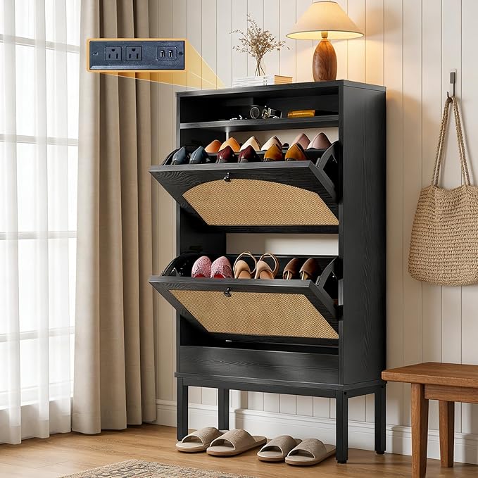 LUCKLIFE Shoe Cabinet with Charging Station, Flip Down Shoe Storage Organizer with Adjustable Shelves, Hidden Slim Shoe Rack with Anti-Tip Kit for Entryway or Hallway, Black Wood