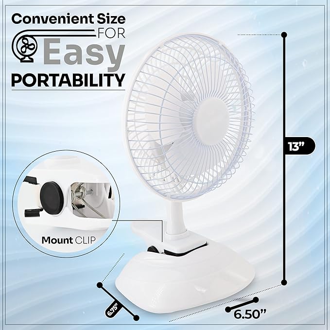 RamPro Portable Desk and Clip on Fan, 6 Inch Fans Small and Quiet Plug In, Small Personal Cooling Fan for Desk Home Bedroom Office, 2 Speed, Adjustable Tilt, White