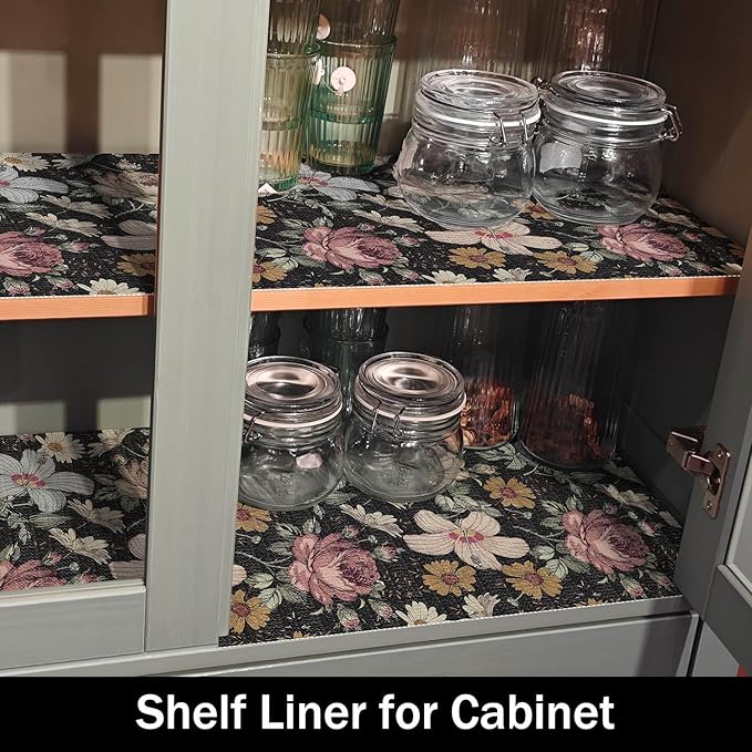 Black Retro Floral Shelf Drawer Liner for Kitchen Cabinets Non-Adhesive, Waterproof Strong Non-Slip Shelf Cabinet Drawer Liners for Dresser Table Cupboard Liners,Easy to Clean,12IN x 10FT