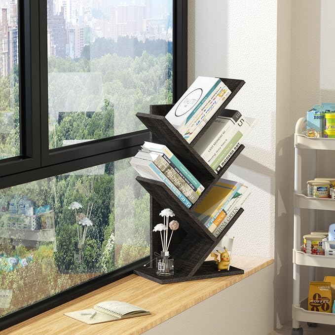 SHEEPAM 5 Tier Tree Book Shelf, Small Desktop Bookshelf with Storage Organizer, Wood Bookcase, Desk Display Bookshelves, Floor Standing Organizer Bookcases for Living Room,Bedroom,Office-Dark Grey