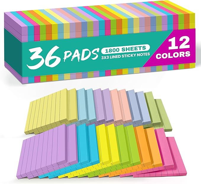Lined Sticky Notes, 36 Pads, 3x3 Inches Self-Stick Note Pads, Perfect for Office, Study, and Daily Life Organization - Bright