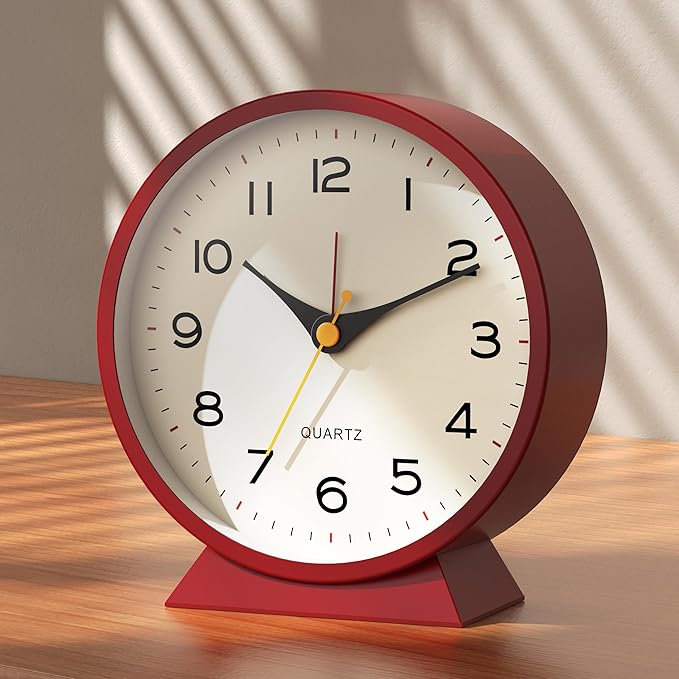AYRELY® 4.5" Analog Alarm Clock,Small Retro Desk Clock Battery Operated,Slient Metal Table Clock with Light for Living Room Decor,Bedroom,Bedside,Shelf (red)