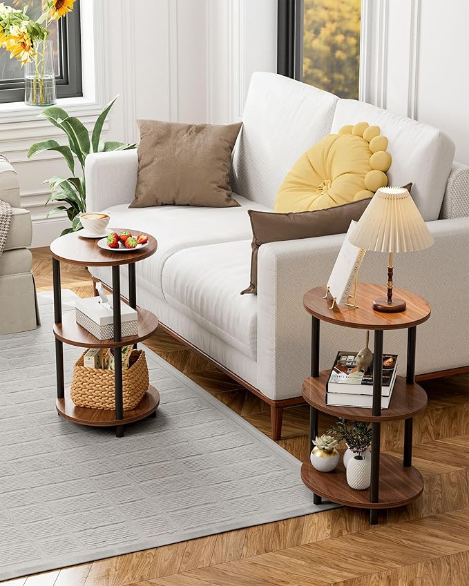 Round Pedestal End Table - 3-Tier Oval Accent Table for Small Spaces, Rustic Wood and Metal Couch Side Table, Nightstand for Bedroom or End Table Living Room, Easy to Assemble, Rustic Walnut