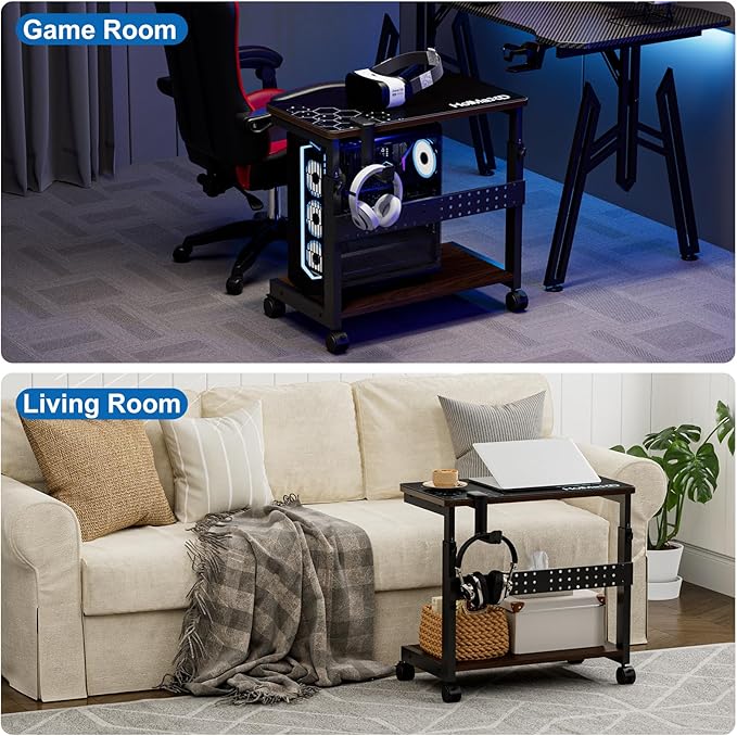 Height Adjustable Computer Tower Stand, 2-Tier ATX-Case CPU Holder with Mouse Pad & Headphone Stand, Mobile PC Standing Under Desk, Home Office Gaming Accessories, Computer Cart, Walnut