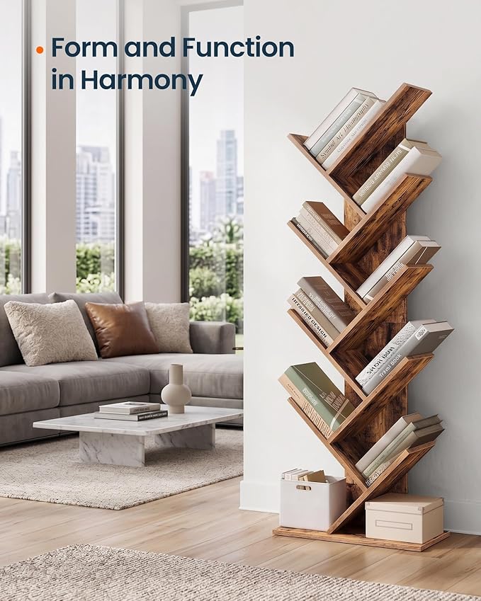 SONGMICS HOME 9 Tier Tree Bookshelf, Bookcase, Small Corner Shelf, Space Saving Book Tree for Home Office, Bedroom, Living Room, Brown