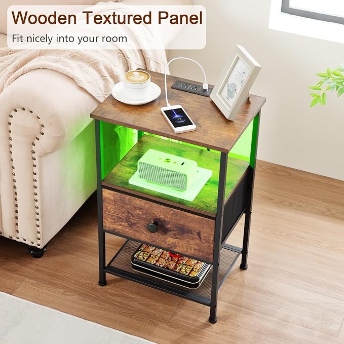 LOAKEKEL Night Stand Set 2, LED Nightstand with Charging Station, End Tables Living Room with Fabric Drawer for Small Spaces, Bed Side Tables with Storage Shelf for Bedroom, Brown, HETS01PBR