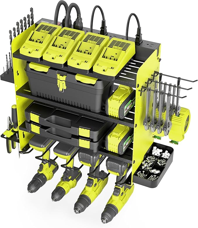 Power Tool Organizer with Charging Station, 4 Layers Drill Holder Wall Mount, Metal Garage Rack with 8 Outlet Power Strip, Tool Shelve Drill Bit Storage, Christmas Gift for Men Dad(Green&Black)