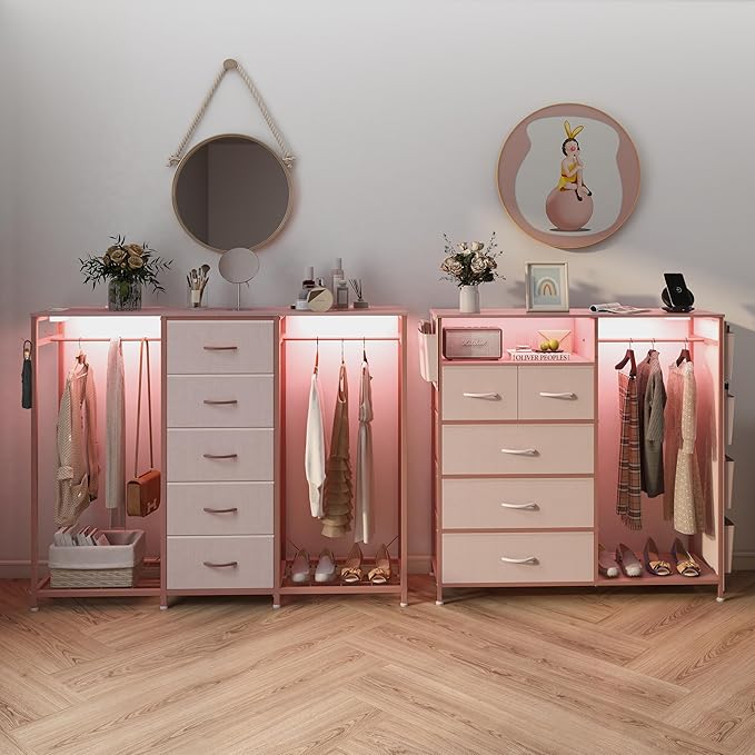 Espelism Dresser for Bedroom with Clothes Rack 5 Drawer Dresser with Charging Station LED Lights White Chest of Drawers Flexible Shelf and Open Storage Space for Bedroom Living Room (Pink)