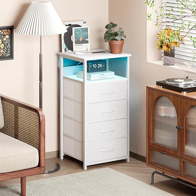 Fixwal Tall Nightstand with Charging Station, Night Stand with U-S-B Ports and Outlets, 4 Fabric Storage Drawers with PU Finish, Small Dresser Bed Side Table, White