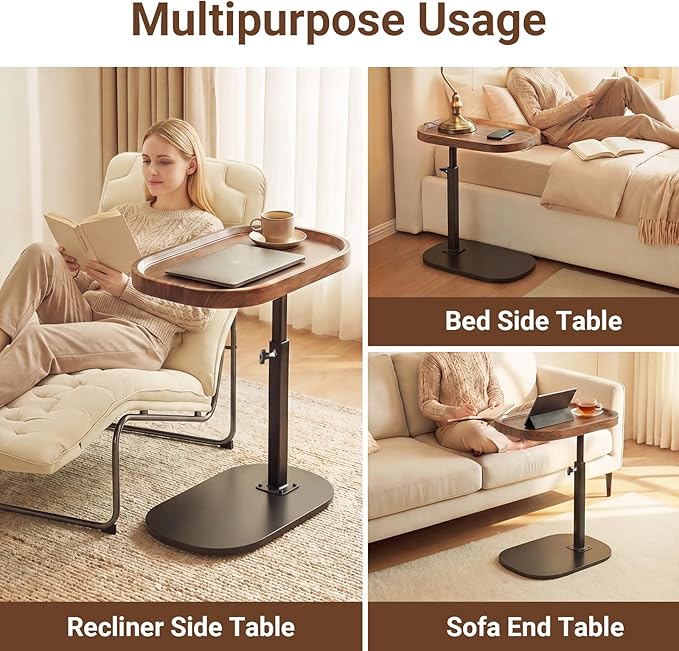 Adjustable Height TV Dinner Tray Table for Eating, 360°Swivel Small C Shaped End Side Table for Living Room, Bedroom,Hospital, Couch Armrest Table that Slide Under Sofa, Bed, Desk