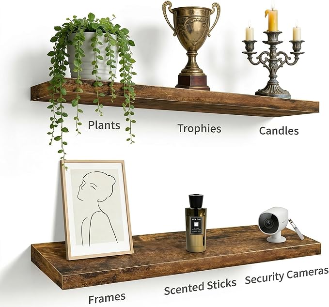 Vervida® Floating Shelves, 47.2 inch Wall Mounted Rustic Wood Shelves for Bathroom, Bedroom, Living Room, Kitchen, Office, Hanging Shelf for Books/Storage/Decor(Rustic Brown,Set of 3)