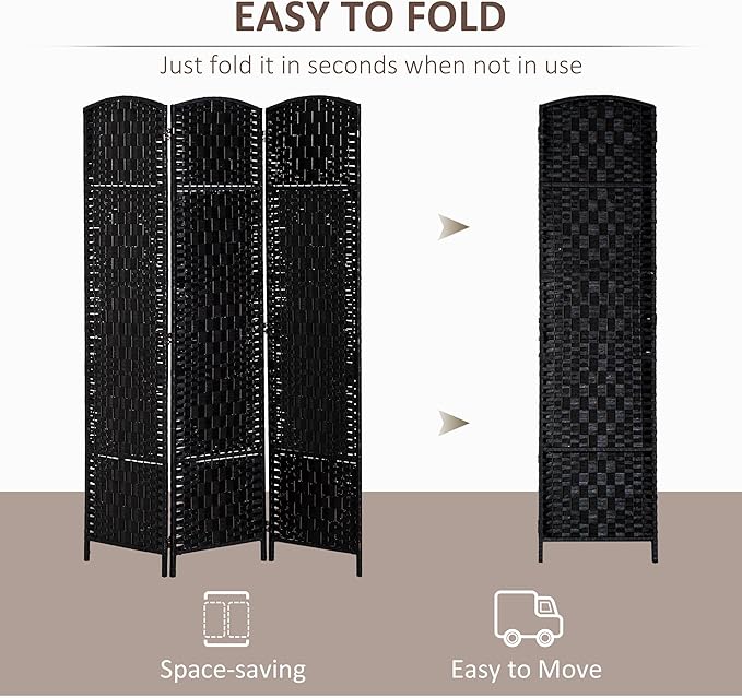 HOMCOM Room Divider 3 Panel, 6FT Tall Folding Privacy Screen, Freestanding Hand-Woven Partition for Room Separation with 360° Hinges, Paper Rope Diamond Weave, Black