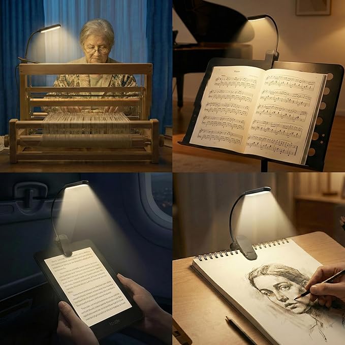 Rechargeable 20 LED Book Lights for Reading at Night - Energy Saving with Extended 60Hrs Runtime, 15-Level Stepless Dimming, Flexible Lightweight Clip on Light for Studying, Travel, Black