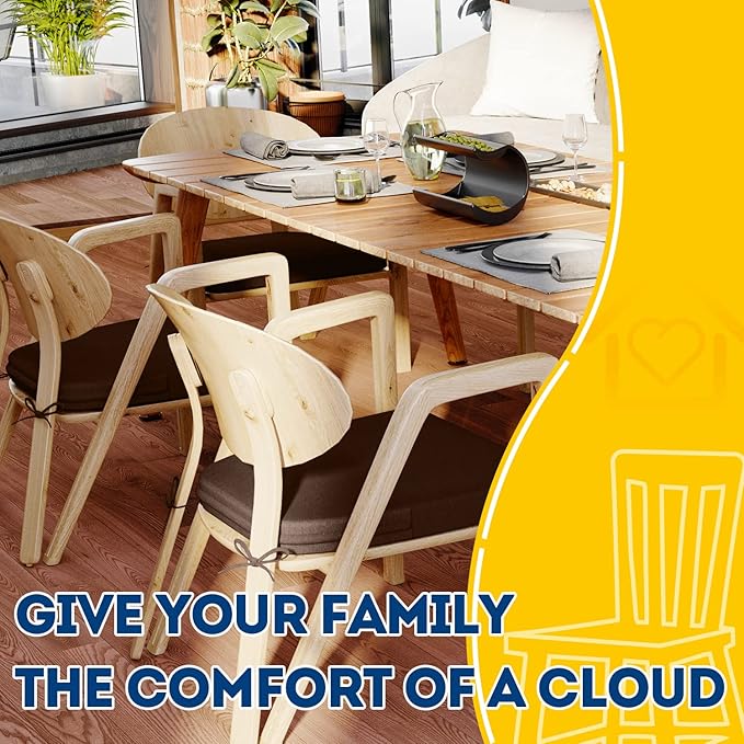AAAAAcessories D-Shaped Chair Cushions, 2" Thick Dining Chair Pads with Ties and Removable, Machine-Washable Cover, 17" x 16", Set of 6, Brown