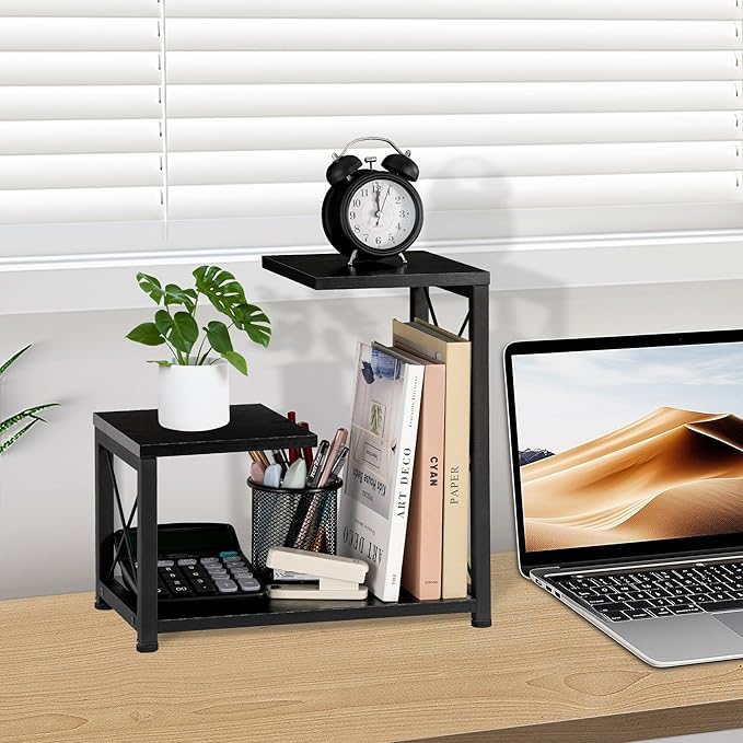 Desk Shelf Organizer, 3-Tier Wood Desk Bookshelf, Small Tabletop Book Shelf, Adjustable Display Rack for Office Decor and Desk Accessories,Rustic Black