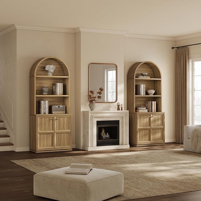 SICOTAS 81" Tall Arched Bookcase, Large Bookshelves with Storage, Modern 5-Tier Arched Cabinet with Adjustable Shelves & Cable Management for Home Office Library Living Room Kitchen, Brown Oak, 2 PCS