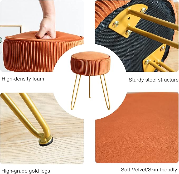 LUE BONA Pleated Vanity Stool, Velvet Upholstered Vanity Stool for Makeup Room, Round Mondern Stool for Vanity, Ottoman Footrest Stool with Metal Legs for Living Room, Bedroom, Pumpkin Brown