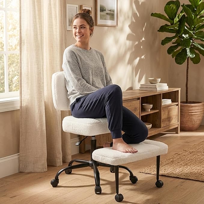 Ergonomic Criss Cross Legged Office Chair, ADHD Chair, 360° Swivel Meditation Kneeling Chair with Wheels, Adjustable Footrest, Wider Height Adjustable Seat, Lumbar Support, Teddy Fabric, OffWhite