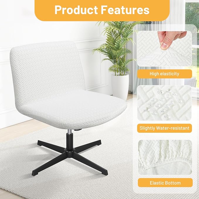Criss Cross Chair Cover, 2pcs White Slipcover Armless Office Desk Computer Chair Fuzzy Cover，Stretch Mid Back Wide Seat Swivel Chairs Protector Jacquard for Bedroom（Only Covers, No Chairs）