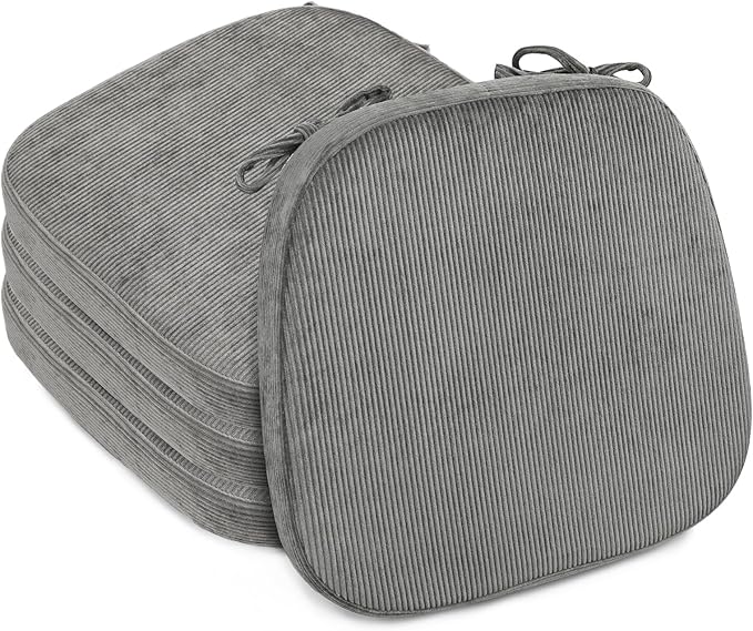 2.5" Thick Chair Cushions for Dining Chair, Corduroy Foam Kitchen Chair Pads, U Shaped Indoor Seat Cushions with Ties & Non-Slip Backing, Removable Washable Cover, 17''x16.5'', Set of 4, Grey