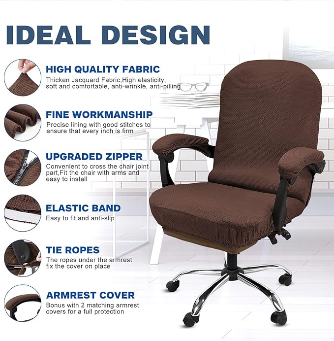 NeColorLife Office Chair Cover with Armrest Covers Stretchable - Zippered High Back Seat Cover for Extra Large Executive Desk Chairs, Big Tall Man(X-Large Size, Coffee)