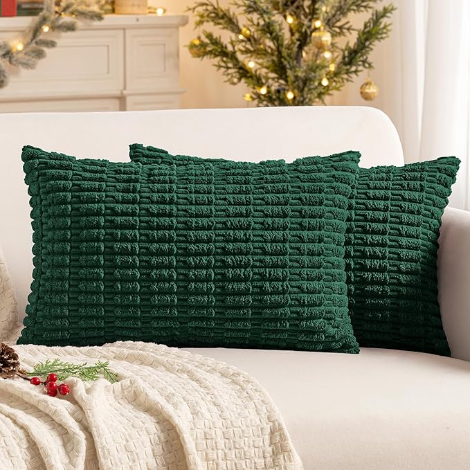 MIULEE Pack of 2 Dark Green Corduroy Decorative Christmas Pillow Covers 12x20 Inch Soft Boho Striped Throw Pillow Covers Modern Farmhouse Home Decor for Sofa Living Room Couch Bed